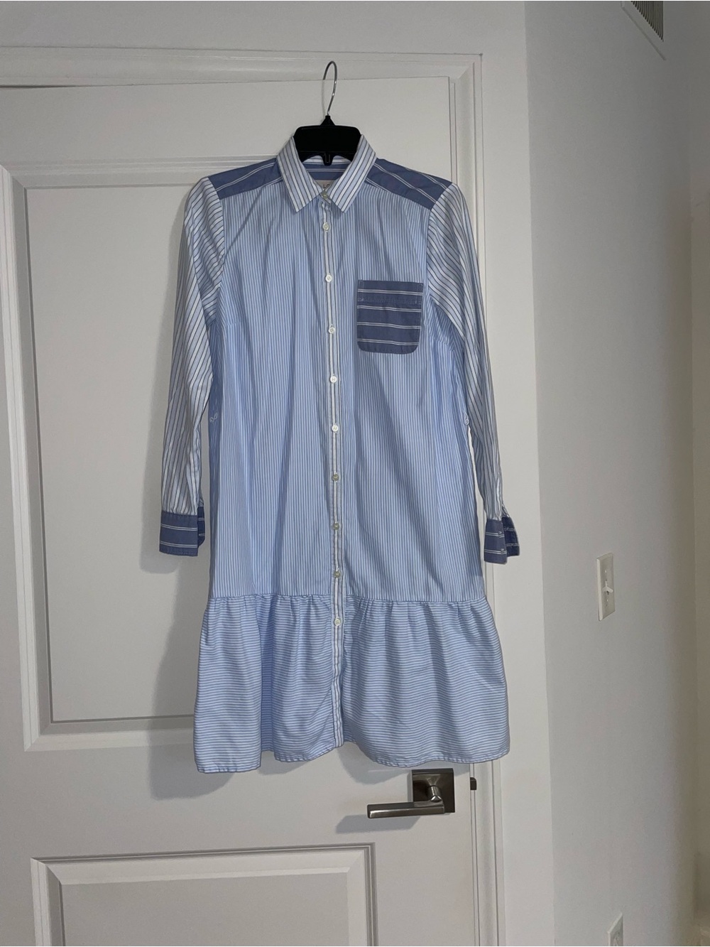 Striped Button-Down Shirt Dress in Light Blue and Navy.